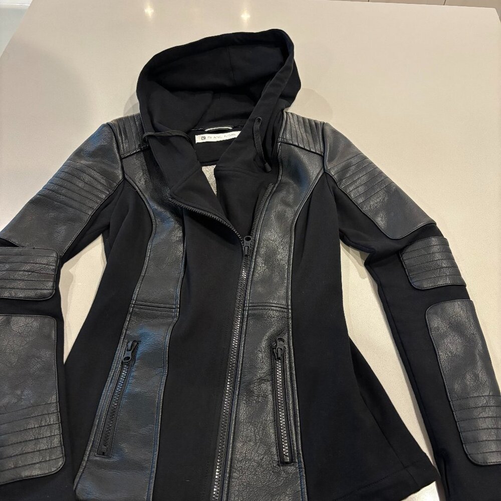 Blanc Noir Black Hooded Blazer with Leather accent